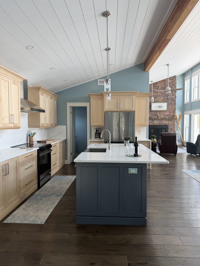 Modern kitchen with blue island
