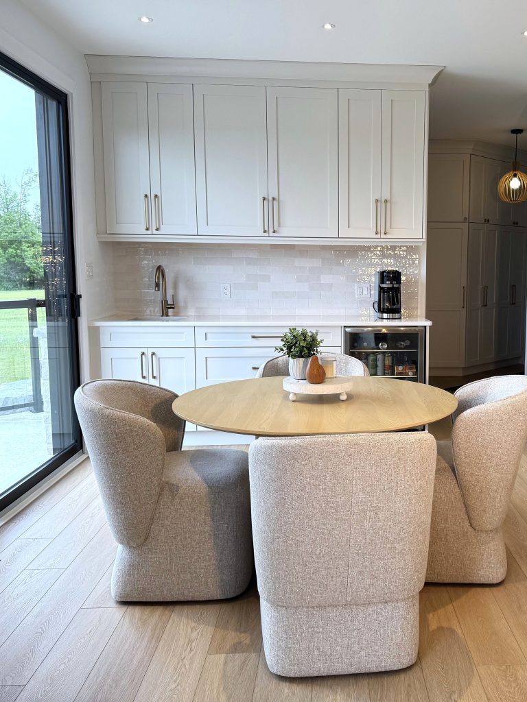 A modern kitchen and dining nook.