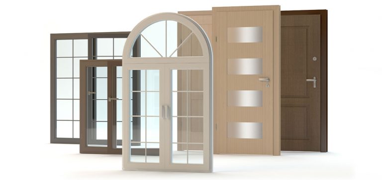 A variety of windows and doors on a white background